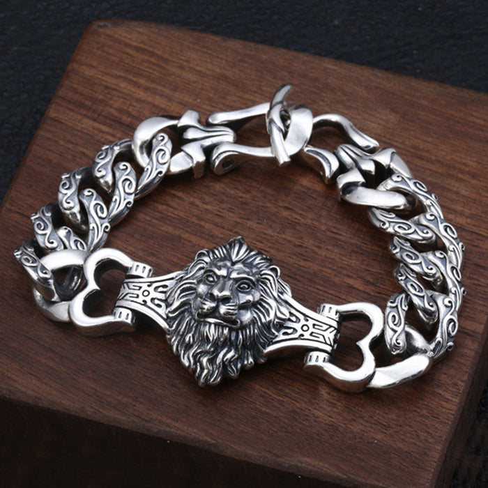 Real Solid 925 Sterling Silver Bracelet Cuban Link Lion Animals Punk Jewelry 7.9"