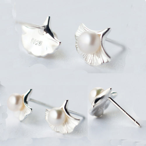 Women 925 Sterling Silver Ear Stud Earrings Ginkgo Leaf Freshwater Pearl Jewelry