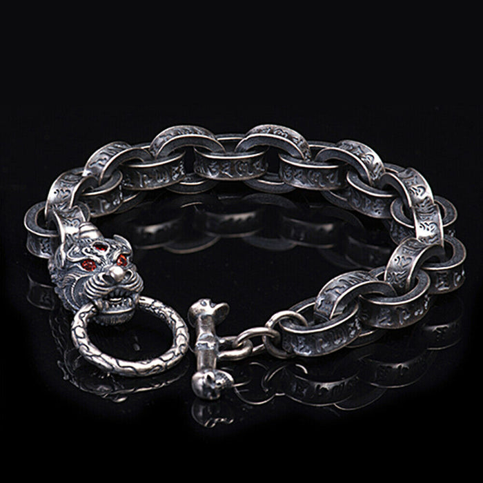 Real Solid 925 Sterling Silver Bracelets Animals Dragon Om Mani Padme Hum Oval Chain Jewelry 8.7"
