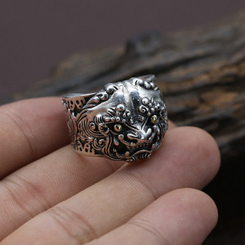 Real Solid 925 Sterling Silver Ring Auspicious Animals Punk Jewelry Open Size 9 10 11 12