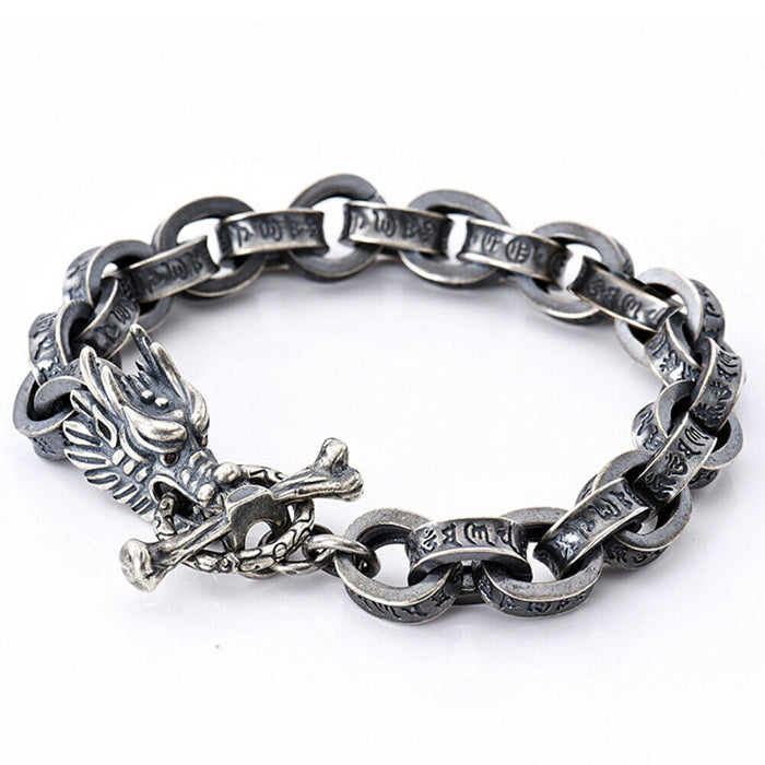 Real Solid 925 Sterling Silver Bracelets Animals Dragon Om Mani Padme Hum Punk Jewelry 7.7"- 9.3"