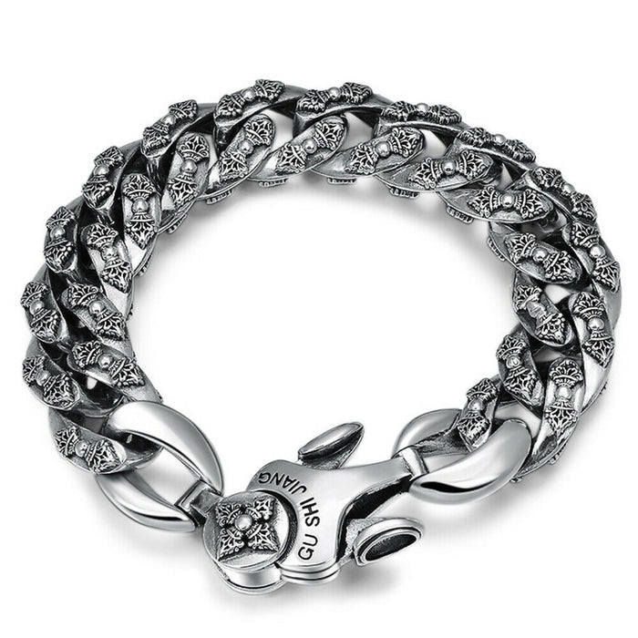 Real Solid 925 Sterling Silver Bracelets Cuban Link Chain Vajra Cross Punk Jewelry 7.9" 8.7"