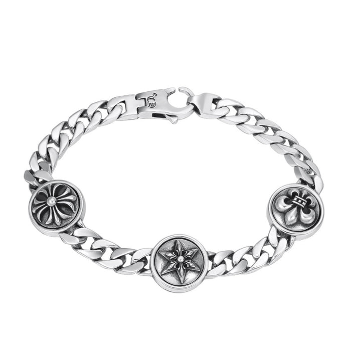 Real Solid 925 Sterling Silver Bracelet Cuban Link Chain Cross Star Anchor Punk Jewelry 7.1" 7.9"