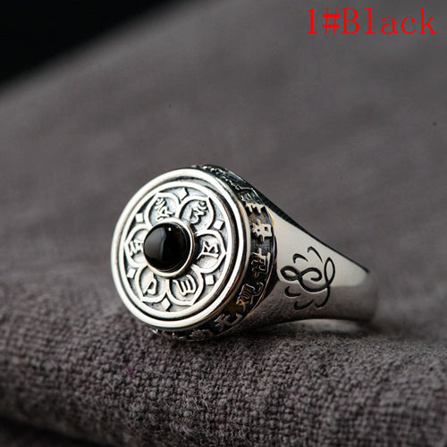 Real Solid 925 Sterling Silver Ring Om mani padme hum Lection Flowers Rotation Jewelry Open Size 6-11