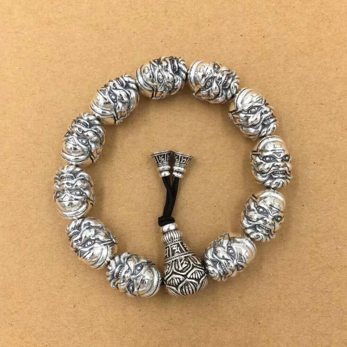 Men's Real Solid 990 Sterling Silver Bracelets Elastic Beaded Religions Luck Jewelry 7.5"- 9.4"