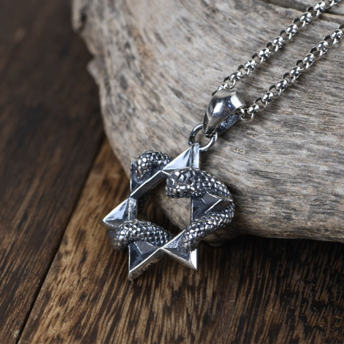 Men‘s Real Solid 925 Sterling Silver Pendants Snake Fashion Six-Pointed Star