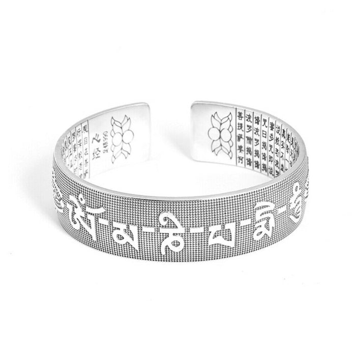 Real Solid 990 Sterling Silver Cuff Bracelet Bangle Om Mani Padme Hum Vajra Religions Luck Jewelry