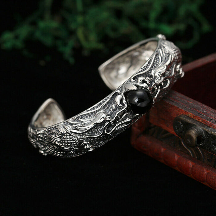 Real Solid 925 Sterling Silver Black Gemstone Cuff Bracelet Bangle Animals Dragons Punk Jewelry