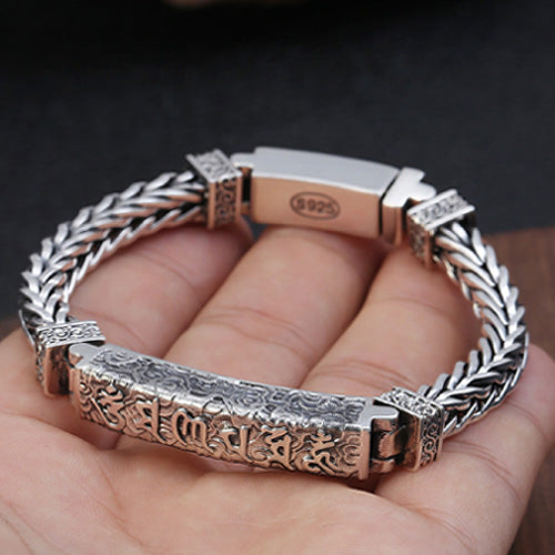 Real Solid 925 Sterling Silver Bracelet Bangle Link Om Mani Padme Hum Braided Jewelry 7.9"