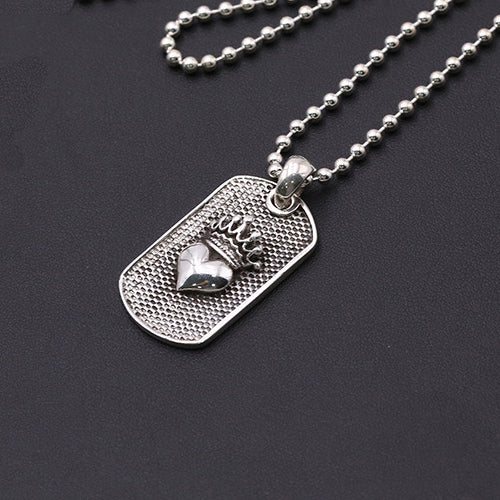 Solid 925 Sterling Silver Pendant Crown Heart Dog Tag Jewelry