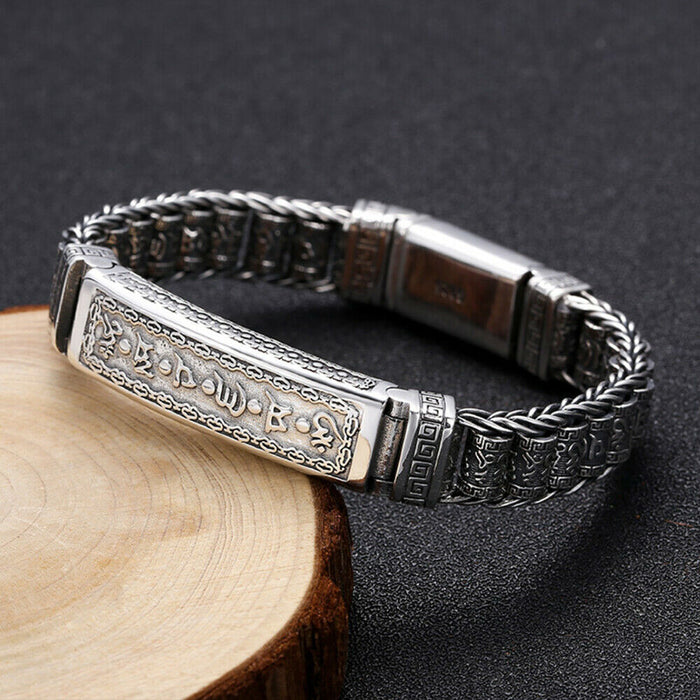 Men's Real Solid 925 Sterling Silver Bracelet Om Mani Padme Hum Braided Jewelry 7.9"