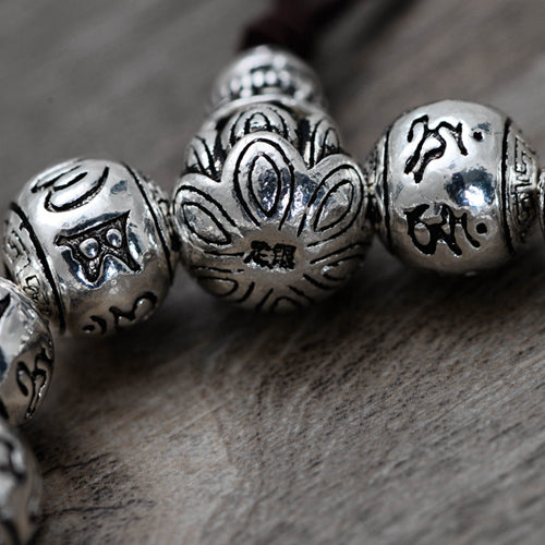 Real Solid 999 Fine Silver Bracelet Buddha Beads Lection Om-Mani-Padme-Hum Luck Jewelry
