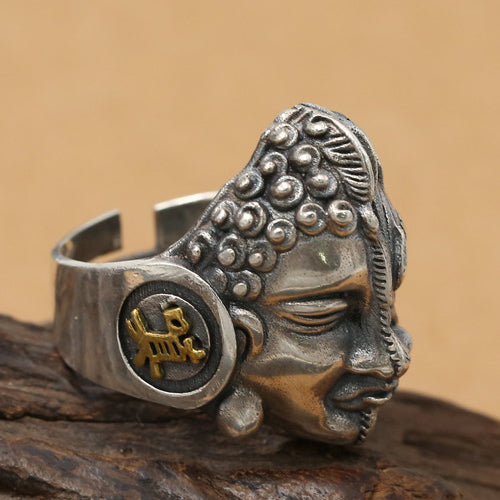 Huge Real Solid 925 Sterling Silver Ring Buddha Devil Good-and-Evil Gothic Jewelry Open Size 10 11 12 13