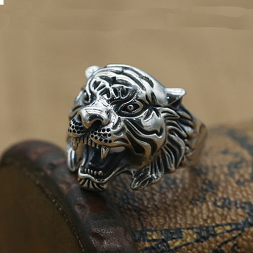 Real Solid 925 Sterling Silver Ring Animals Tiger Punk Jewelry Open Size 8 9 10 11