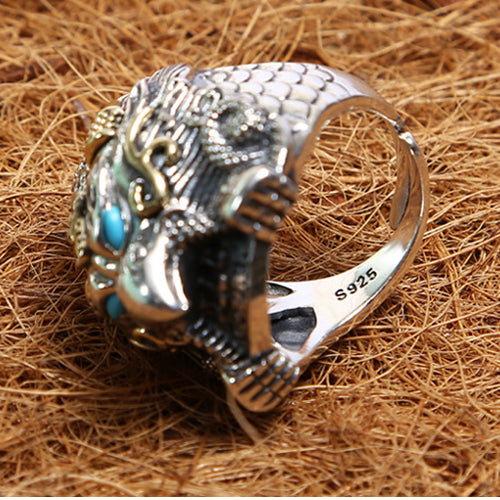 Real Solid 925 Sterling Silver Ring Turquoise Animals Eagle Punk Jewelry Open Size 8 9 10 11