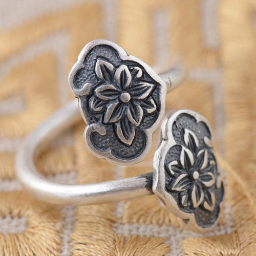 Women's Real S990 Solid Sterling Silver Ring Two Flower Adjustable Size 6 7 8