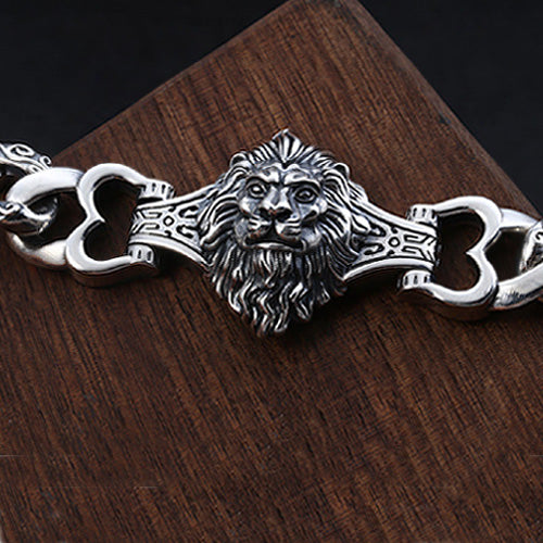 Real Solid 925 Sterling Silver Bracelet Cuban Link Lion Animals Punk Jewelry 7.9"