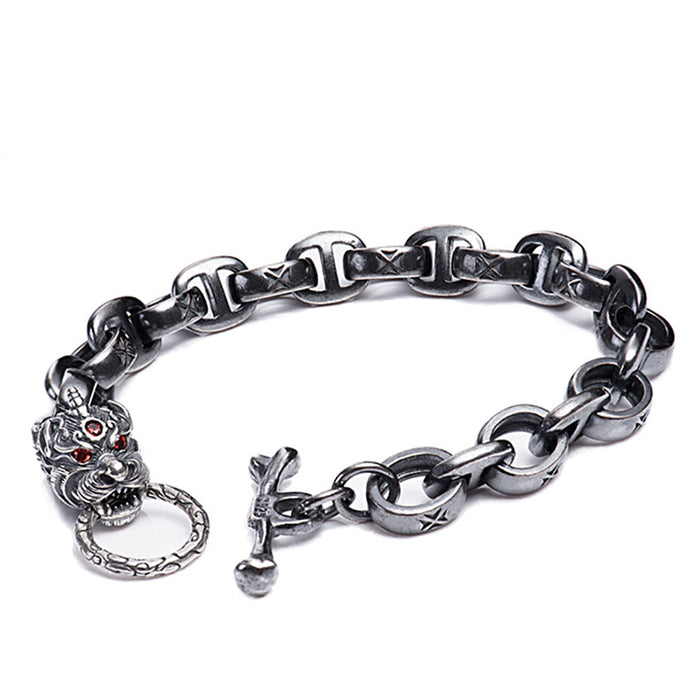 Men's Real Solid 925 Sterling Silver Bracelets Dragon Animals Oval Loop OT-Buckle Jewelry 8.5"