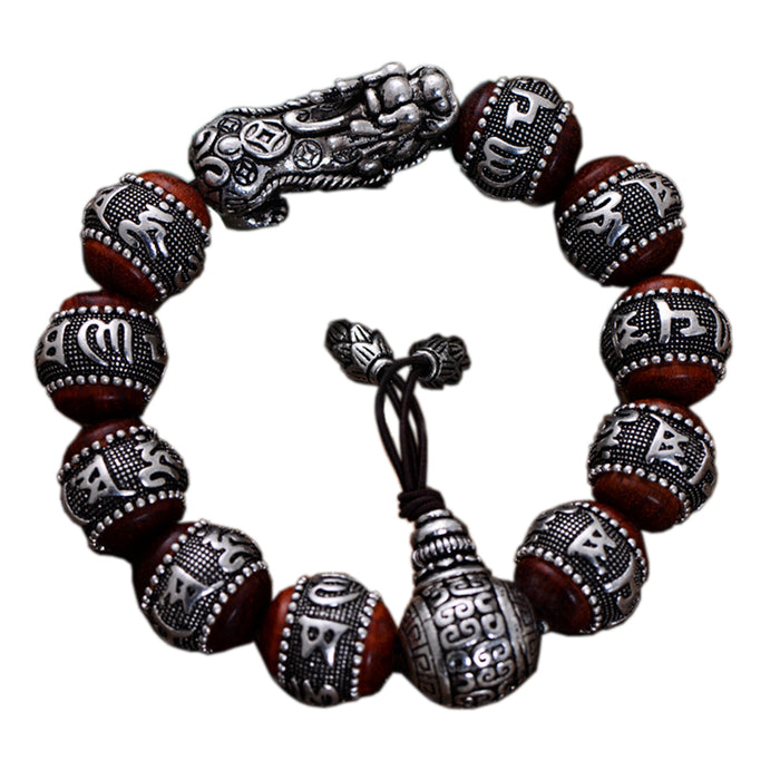 Real Solid 925 Sterling Silver Bracelet Beaded Lection Animals PiXiu Lobular Red Sandalwood Jewelry