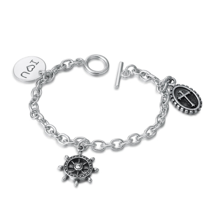Real Solid 925 Sterling Silver Bracelet Chain Cross Rudder Heart OT-Buckle Jewelry 6.7"