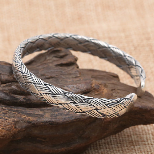 Men's Real Solid 925 Sterling Silver Cuff Bracelet Bangle Braided Punk Jewelry