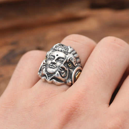 Real Solid 925 Sterling Silver Ring Buddha Devil Good-and-Evil Jewelry Open Size 8-11