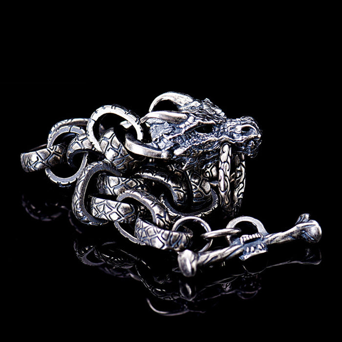 Real Solid 925 Sterling Silver Bracelets Animals Dragon Head Oval Loop OT-Buckle Punk Jewelry 8.5"