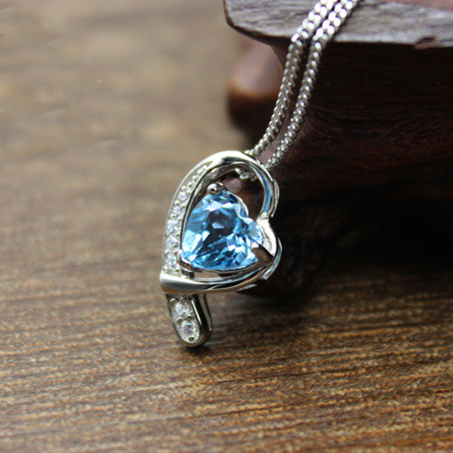 Natural Blue Topaz Solid 925 Sterling Silver Pendant Necklace Heart Zircon 18"