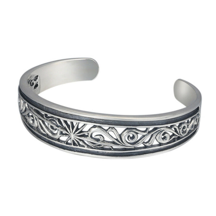 Real Solid 925 Sterling Silver Cuff Bracelet Bangle Pierced Sun Auspicious Cloud Punk Jewelry