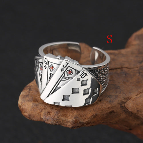 Real Solid 925 Sterling Silver Ring Playing Cards Poker Games Hip Hop Jewelry Open Size 7 - 12