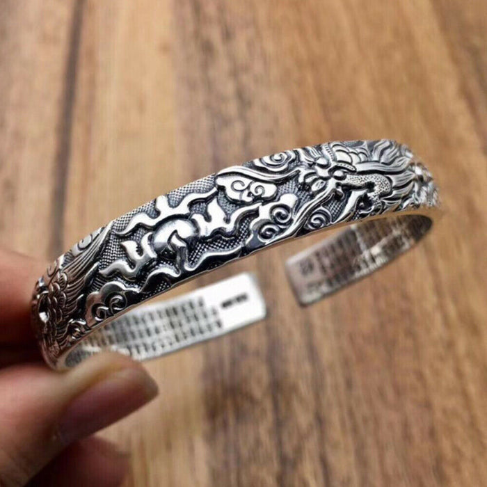 Real Solid 999 Sterling Silver Cuff Bracelet Bangle Animals Dragon Auspicious Cloud Lection Luck Jewelry