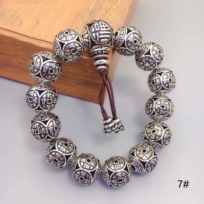 Real Solid 990 Sterling Silver Bracelet Buddha Beads Om Mani Padme Hum Religions Luck Jewelry