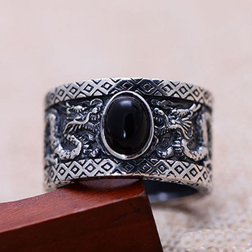 Men's 925 Sterling Silver Ring Black Agate Two Dragons Jewelry Size 8 to 11