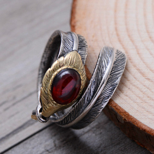 Real 925 Sterling Silver Ring Garnet Agate Feather Men's Open Size 6 to 11