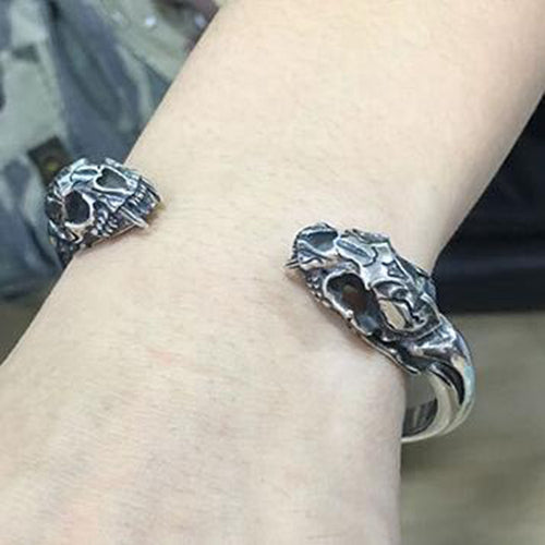 Real Solid 925 Sterling Silver Cuff Bracelet Bangle Smilodon Saber-toothed Tiger Skulls Punk Jewelry