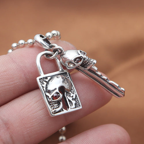 Solid 925 Sterling Silver Pendant Skull Padlock Key Jewelry