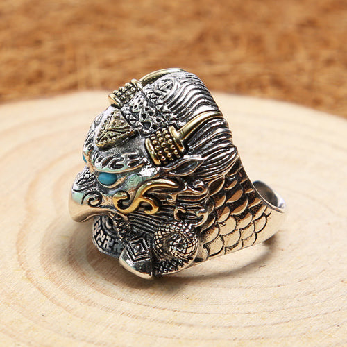 Real Solid 925 Sterling Silver Ring Turquoise Animals Eagle Punk Jewelry Open Size 8 9 10 11