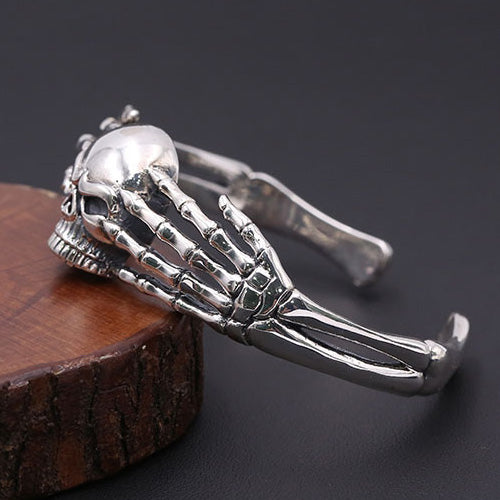 Men's Real Solid 925 Sterling Silver Cuff Bracelet Bangle Two Hands Skeletons Skulls Punk Jewelry