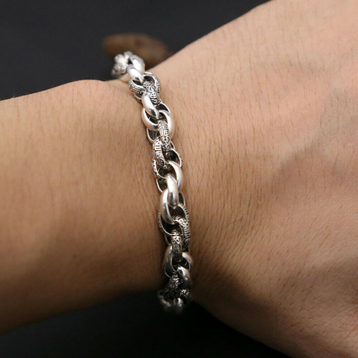 8mm Men's Real Solid 925 Sterling Silver Bracelet Braided Round Link Punk Jewelry 7.9"
