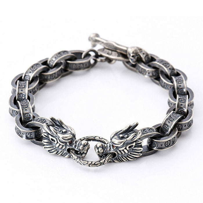 Real Solid 925 Sterling Silver Bracelets Animals Dragon Om Mani Padme Hum Punk Jewelry 7.7"- 9.3"