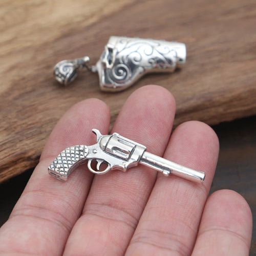 Solid 925 Sterling Silver Pendant Revolving Pistol Weaponry Jewelry