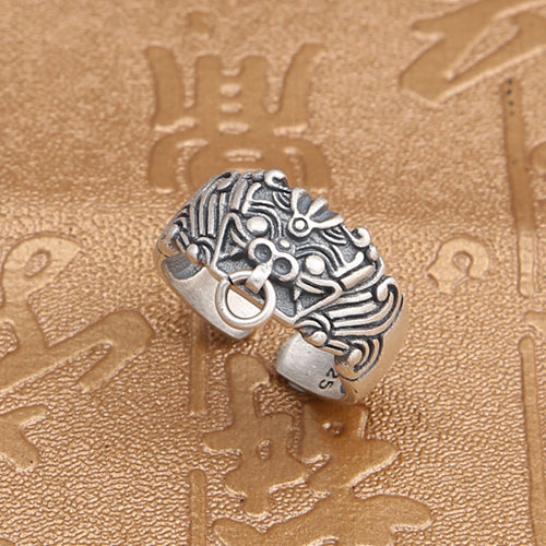 Real Solid 925 Sterling Silver Ring Auspicious Animals Punk Jewelry Open Size 6-8