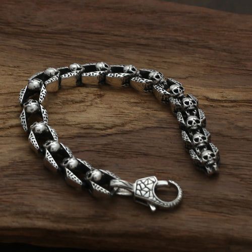 Real Solid 925 Sterling Silver Bracelets Cuban Link Chain Skulls Heavy Jewelry 7.9"