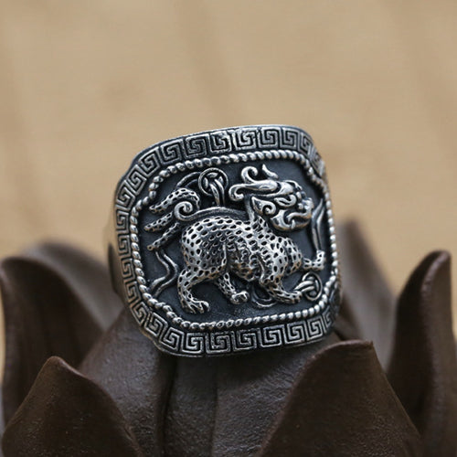Real Solid 925 Sterling Silver Ring Auspicious Animals Kylin Punk Jewelry Open Size 8 9 10 11