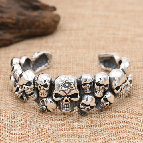 Real 925 Sterling Silver Cuff Bracelet Skeletons Skulls Punk Jewelry Open Bangle