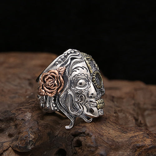 Heavy Real Solid 925 Sterling Silver Rose Flowers Skeletons Skulls Hip Hop Jewelry Size 8 9 10 11