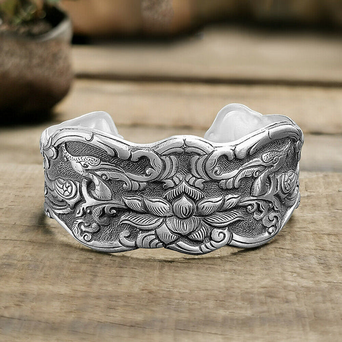 Huge Heavy Real Solid 999 Sterling Pure Silver Cuff Bracelet Bangle Flowers Lotus Fashion Jewelry