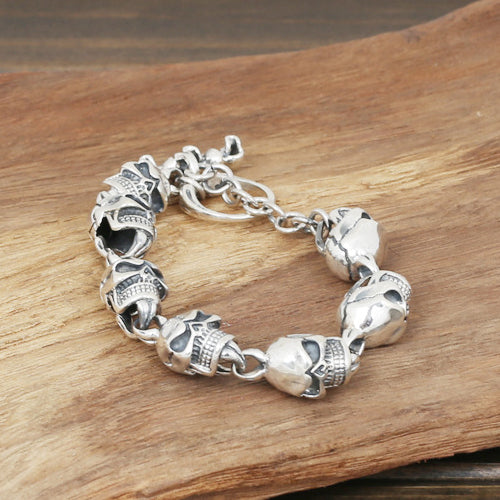 Real Solid 925 Sterling Silver Bracelet Link Chain Skulls Punk Jewelry 8.6"