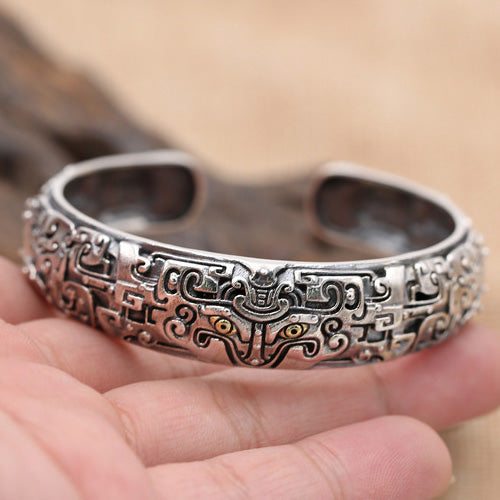 Men's Real Solid 925 Sterling Silver Cuff Bracelet Mythical Animals Gluttony Jewelry Open Bangle
