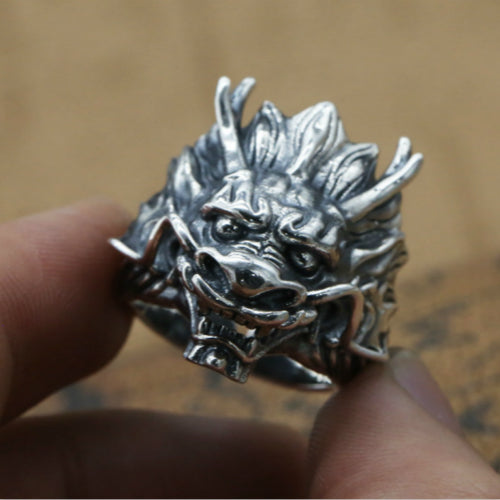Real Solid 925 Sterling Silver Ring Animals Dragon King Punk Jewelry Open Size 8 9 10 11